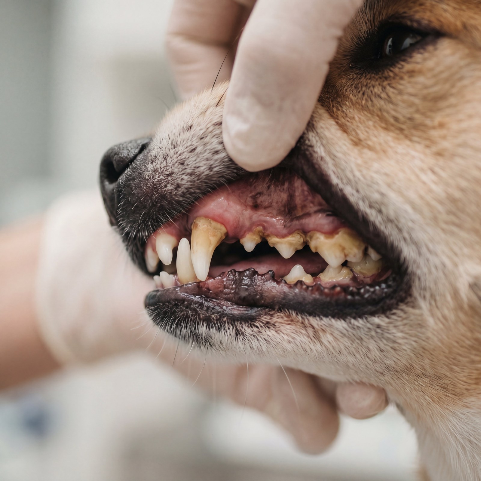 A dog's mouth being examined showing visible tartar buildup