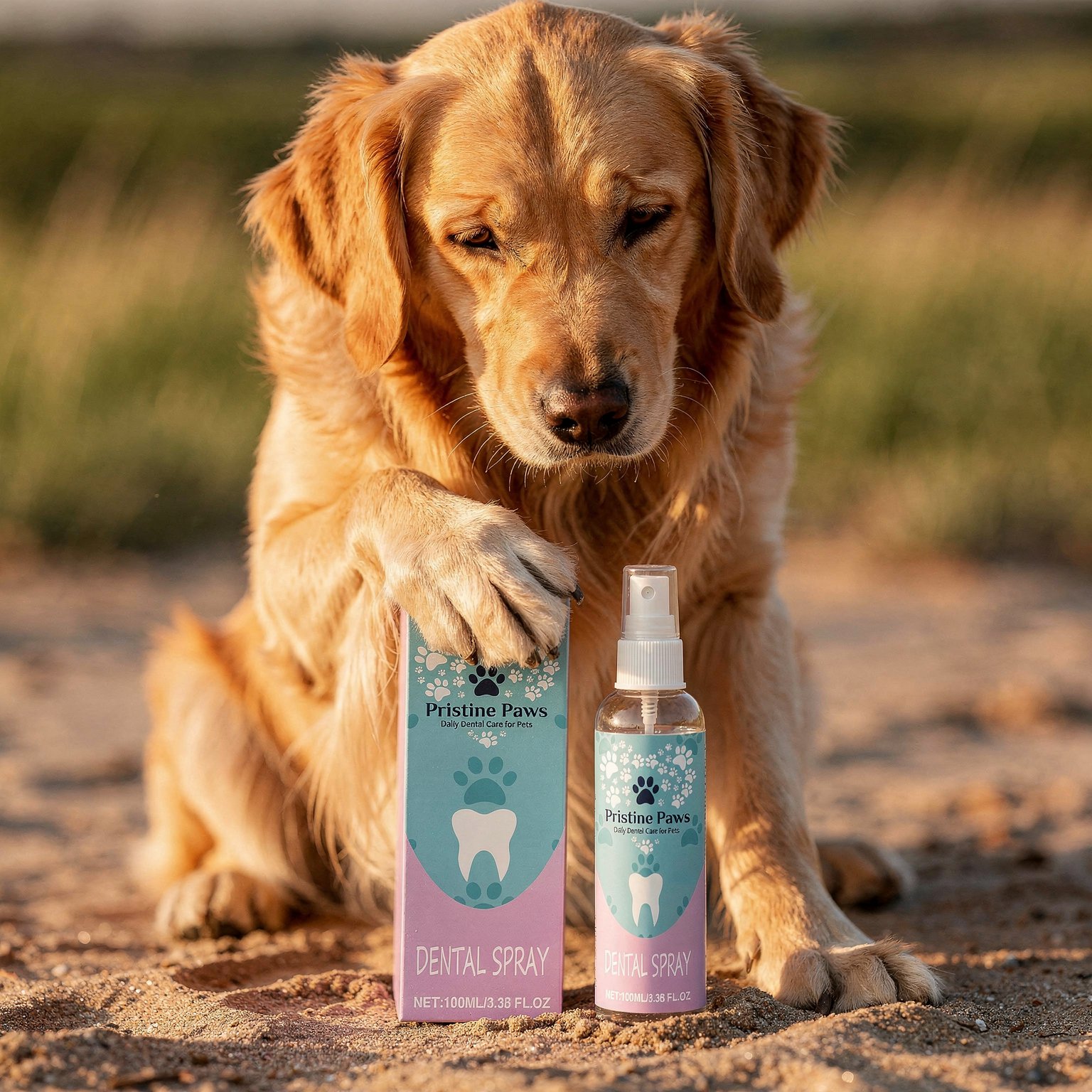Pristine Paws Dental Spray bottle with a golden retriever