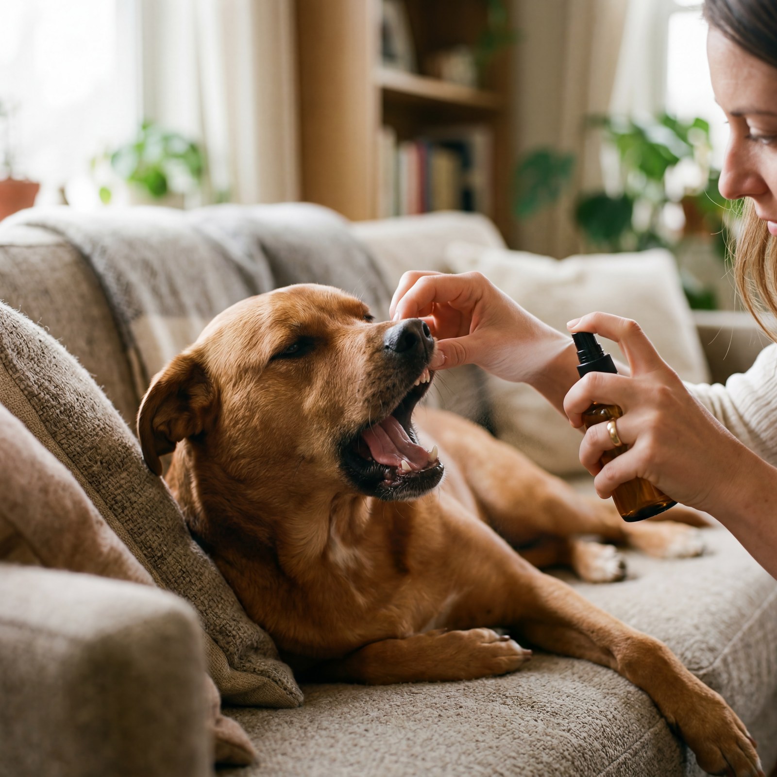 A relaxed dog receiving the dental spray on the sofa — no resistance, no struggle