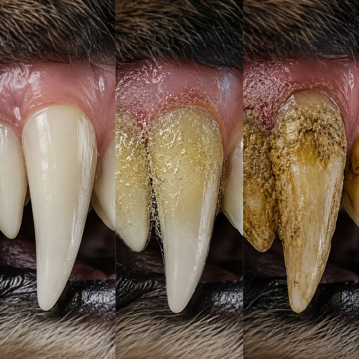 Three-stage progression of plaque and tartar on a dog's tooth