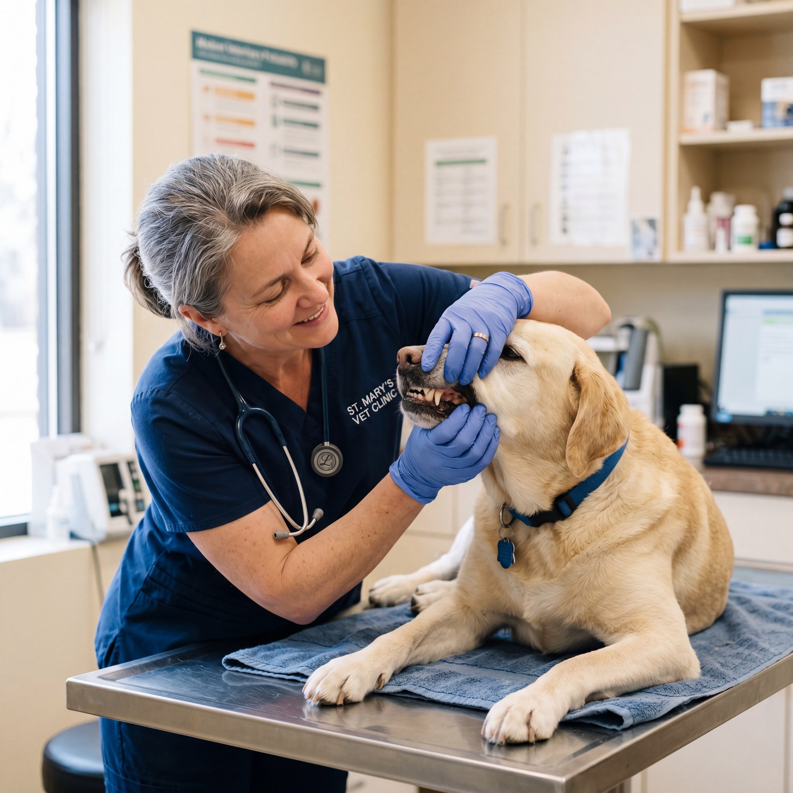 A veterinarian examining a senior Labrador's teeth in a clinic setting