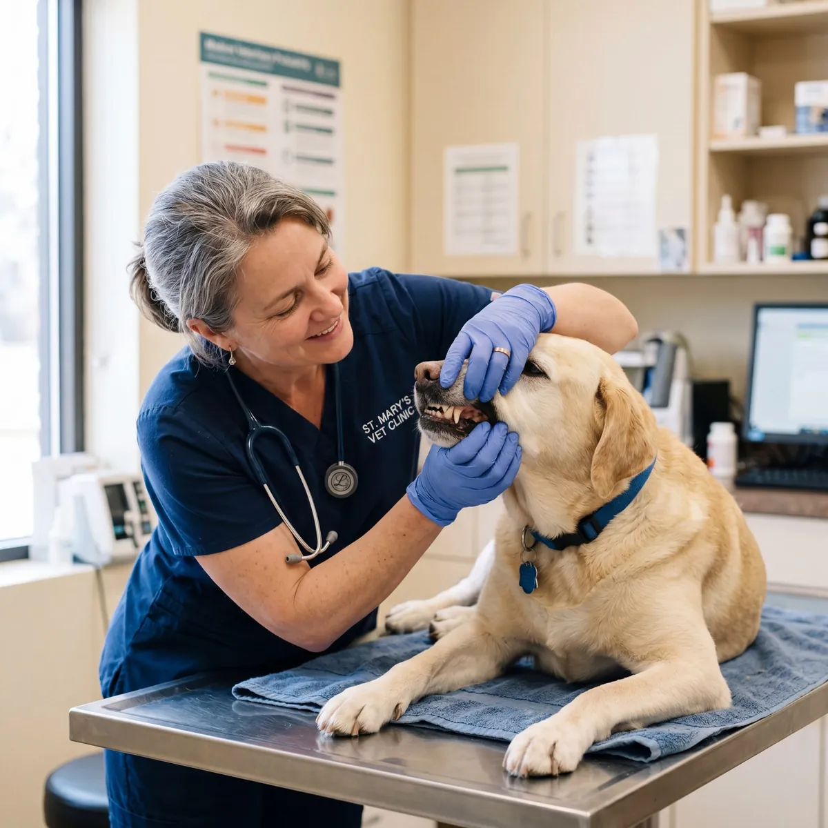 A veterinarian examining a senior Labrador's teeth in a clinic setting